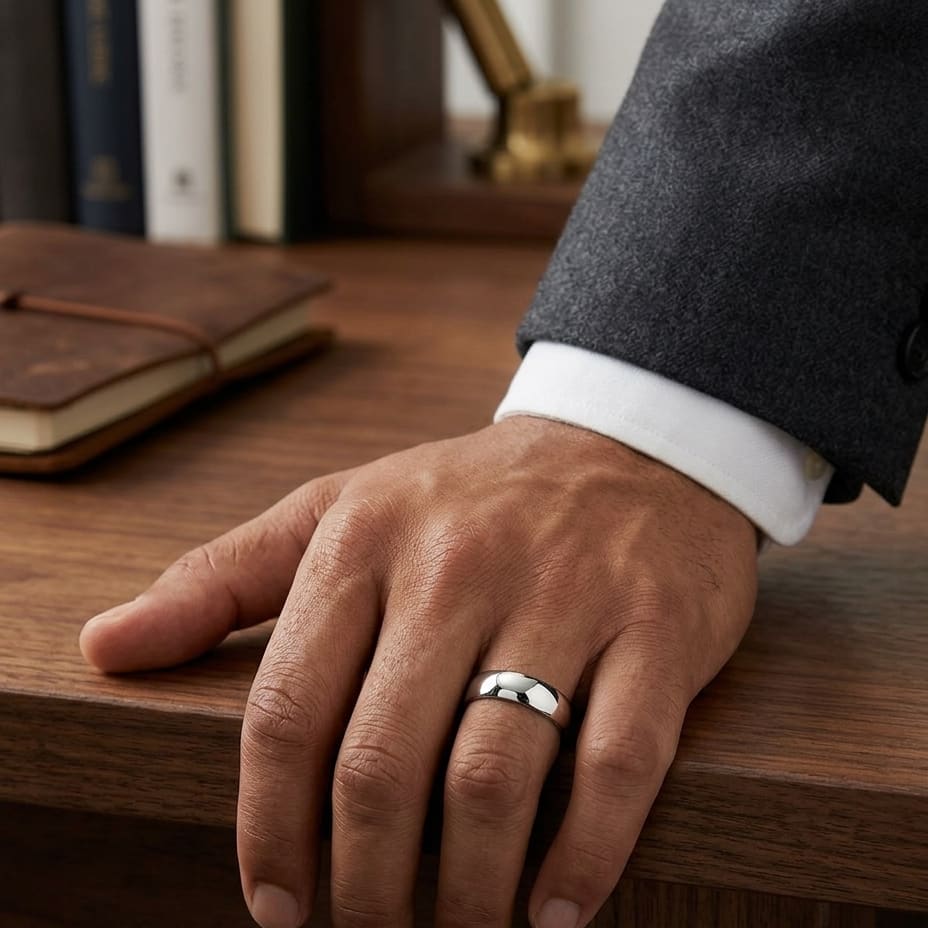 6.5mm Deluxe Comfort-Fit Wedding Band in 18K White Gold, worn on hand, masculine full view