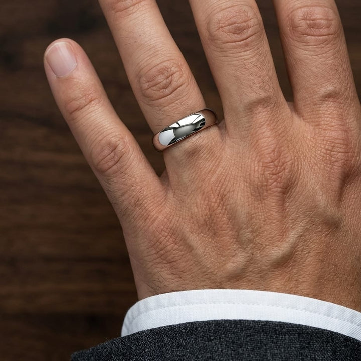 6mm High Dome Comfort-Fit Wedding Band in 18K White Gold, worn on hand, masculine close-up