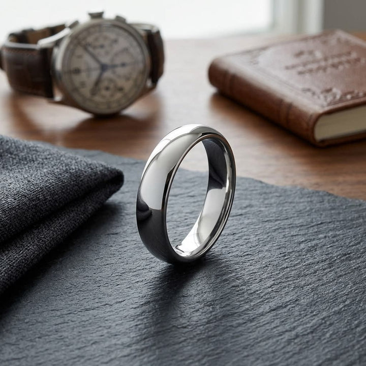 6mm High Dome Comfort-Fit Wedding Band in 18K White Gold, on walnut surface with pocket square