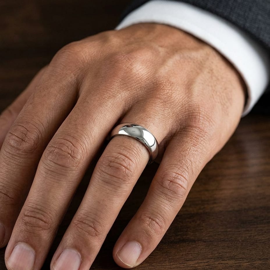 7mm High Dome Comfort-Fit Wedding Band in 18K White Gold, worn on hand, masculine close-up
