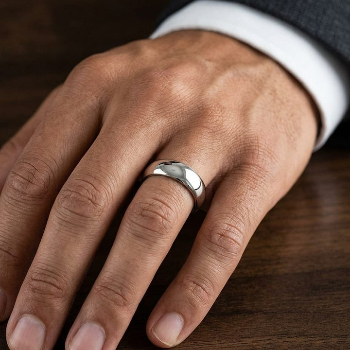 7mm High Dome Comfort-Fit Wedding Band in 18K White Gold, worn on hand, masculine close-up