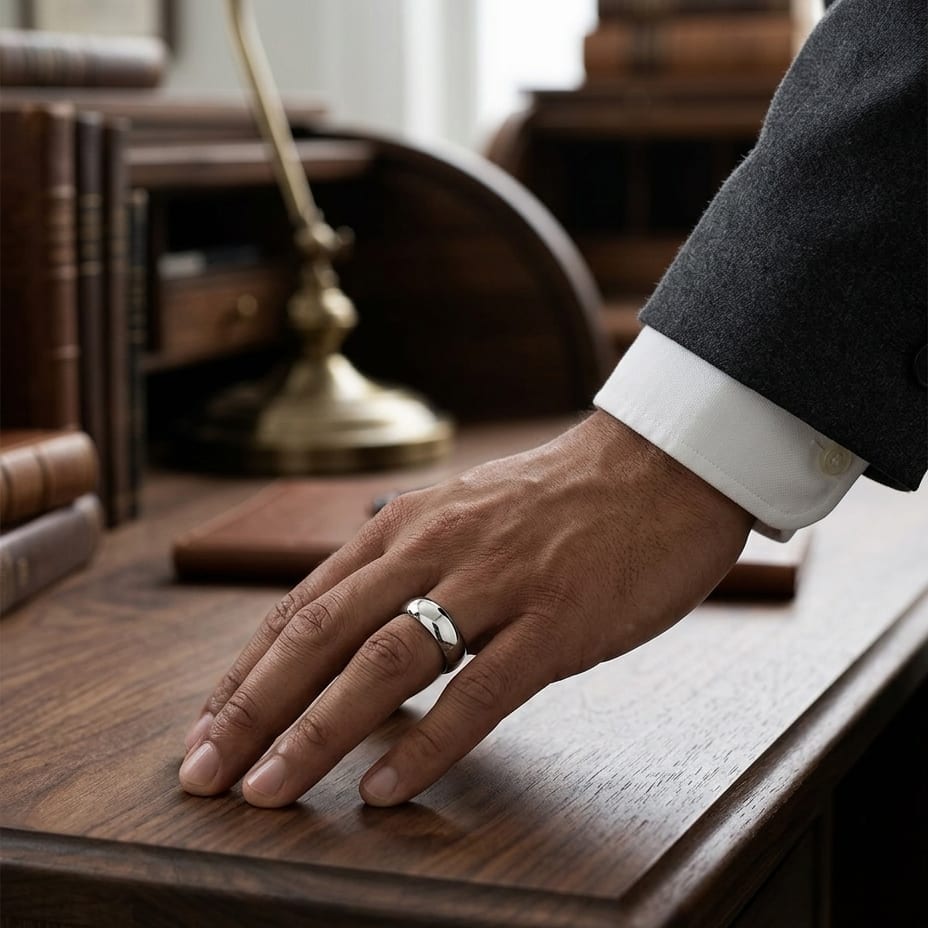 7mm High Dome Comfort-Fit Wedding Band in 18K White Gold, worn on hand, masculine full view