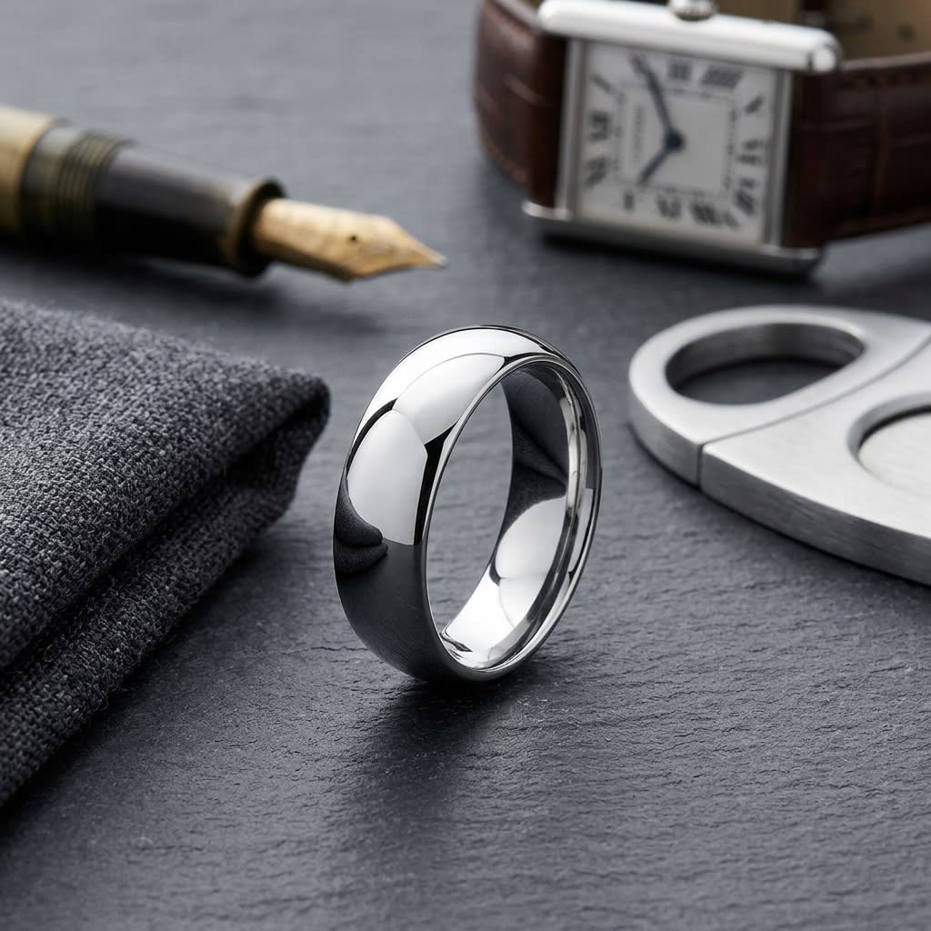 7mm High Dome Comfort-Fit Wedding Band in 18K White Gold, on walnut surface with pocket square