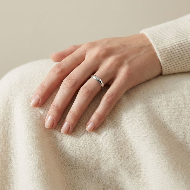 3mm Slightly Domed Comfort-Fit Wedding Band in 18K White Gold, worn on hand, full view
