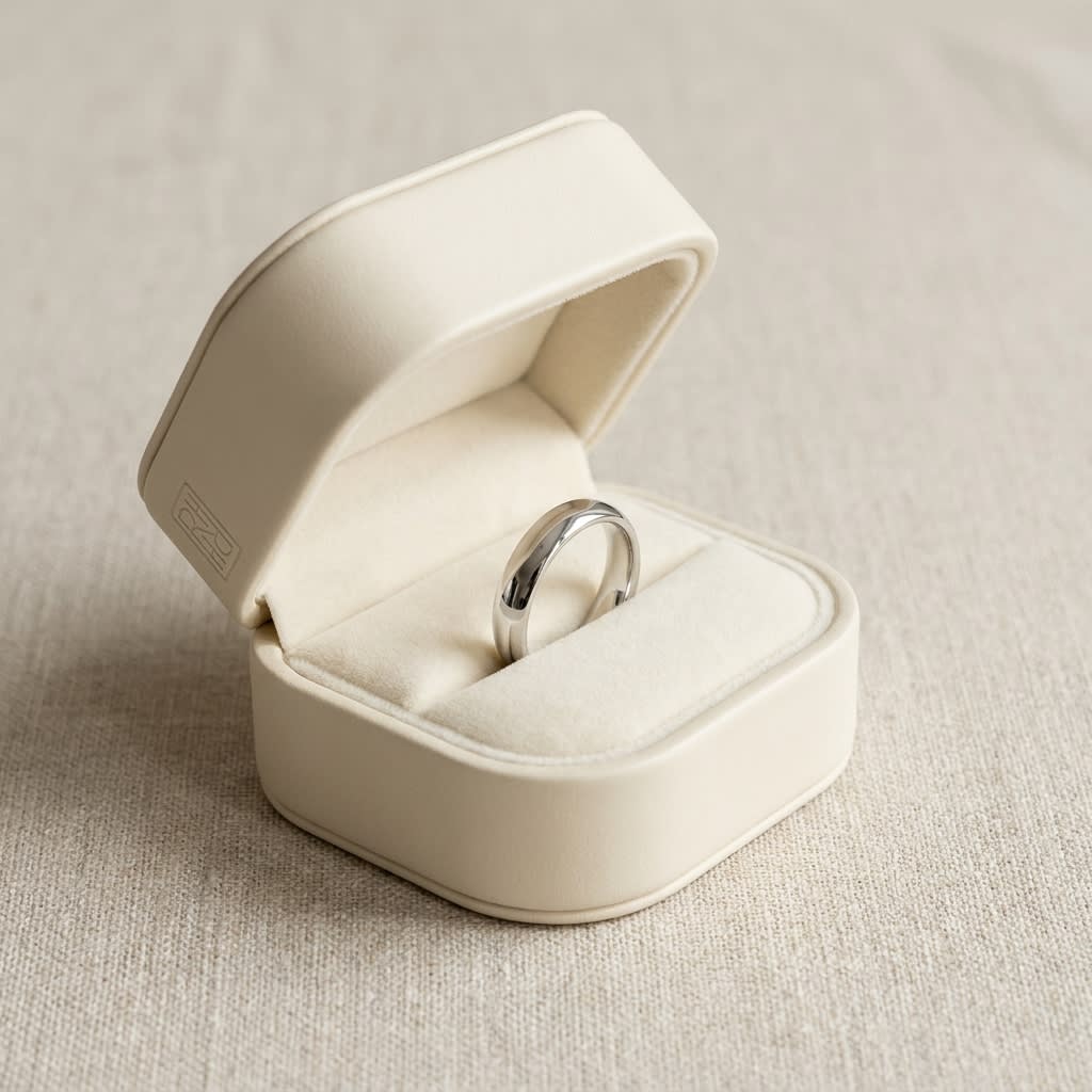 4mm Slightly Domed Comfort-Fit Wedding Band in 18K White Gold, in navy velvet jewelry box
