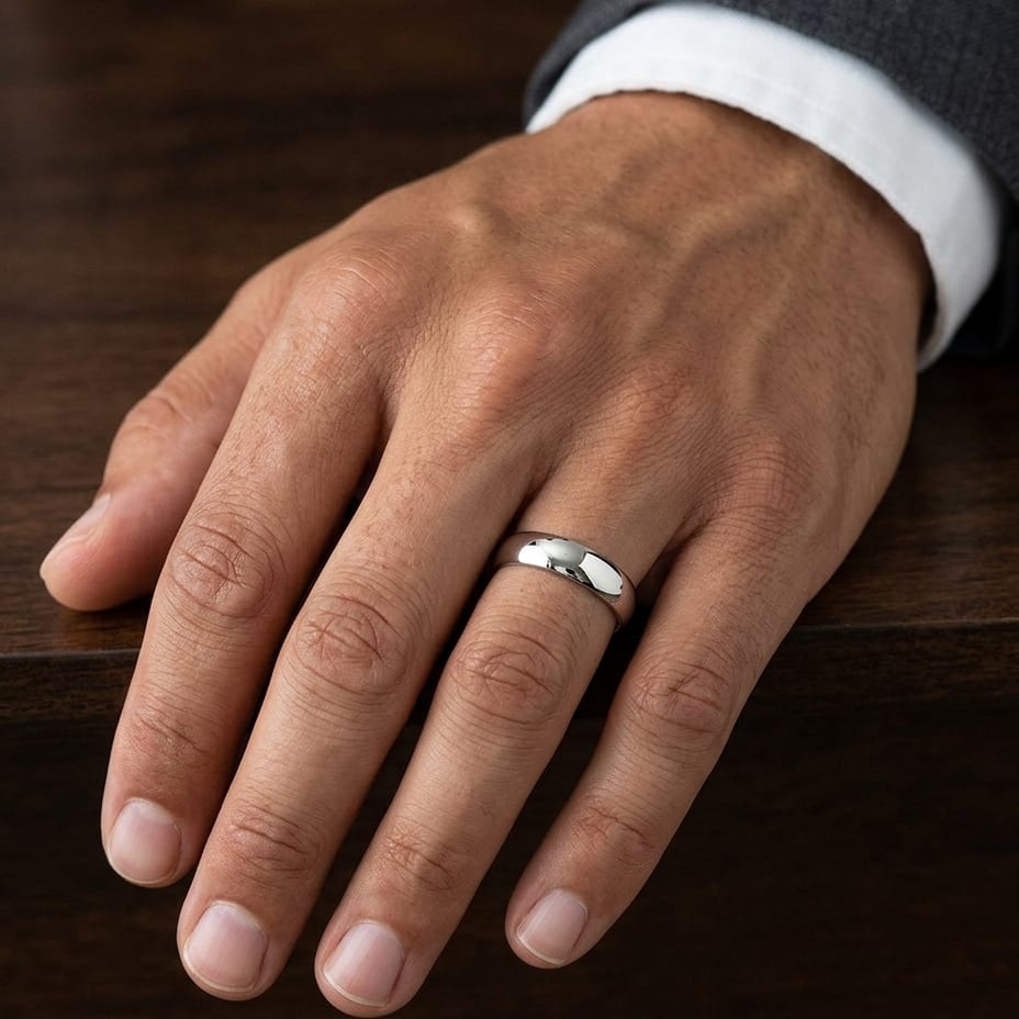 5mm Slightly Domed Comfort-Fit Wedding Band in 18K White Gold, worn on hand, masculine close-up