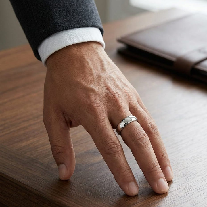 5mm Slightly Domed Comfort-Fit Wedding Band in 18K White Gold, worn on hand, masculine full view