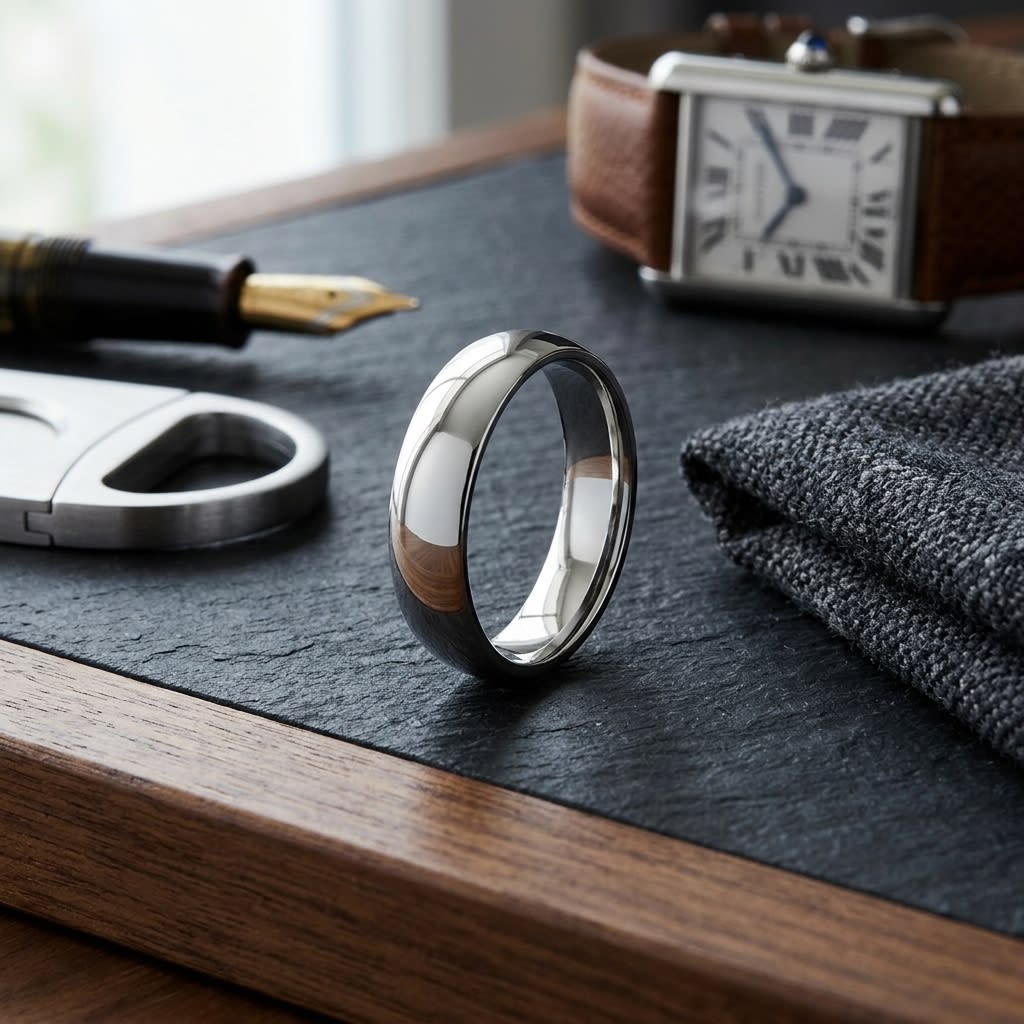 5mm Slightly Domed Comfort-Fit Wedding Band in 18K White Gold, on walnut surface with pocket square