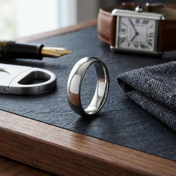 5mm Slightly Domed Comfort-Fit Wedding Band in 18K White Gold, on walnut surface with pocket square
