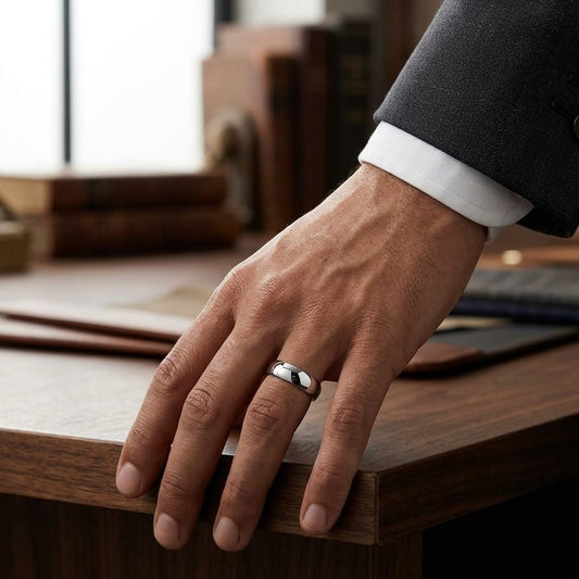 6mm Slightly Domed Comfort-Fit Wedding Band in 18K White Gold, worn on hand, masculine full view