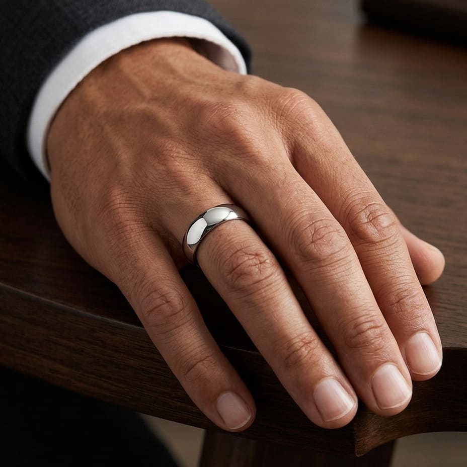7mm Slightly Domed Comfort-Fit Wedding Band in 18K White Gold, worn on hand, masculine close-up