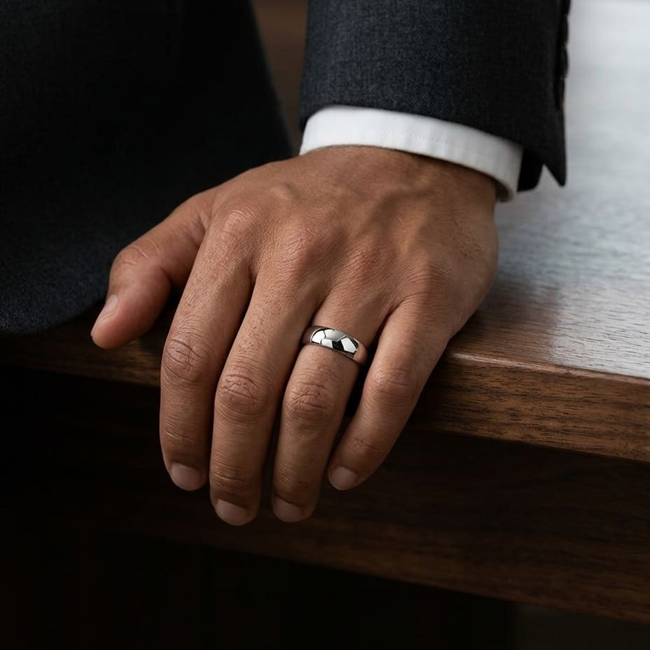 7mm Slightly Domed Comfort-Fit Wedding Band in 18K White Gold, worn on hand, masculine full view