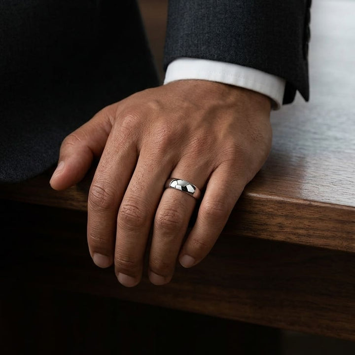 7mm Slightly Domed Comfort-Fit Wedding Band in 18K White Gold, worn on hand, masculine full view