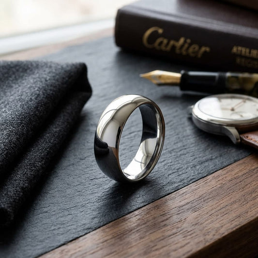 7mm Slightly Domed Comfort-Fit Wedding Band in 18K White Gold, on walnut surface with pocket square
