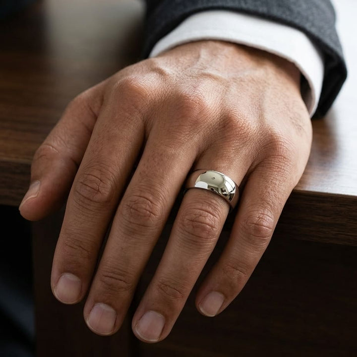 8mm Slightly Domed Comfort-Fit Wedding Band in 18K White Gold, worn on hand, masculine close-up