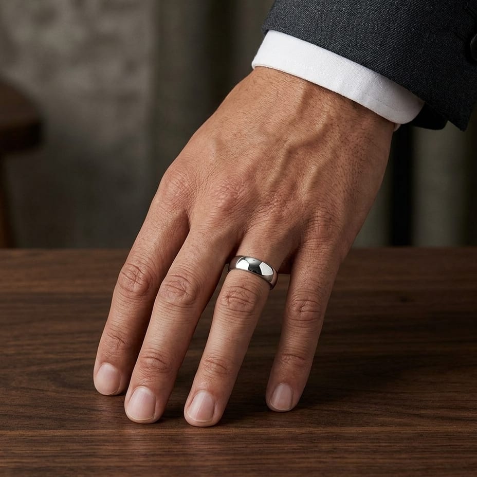8mm Slightly Domed Comfort-Fit Wedding Band in 18K White Gold, worn on hand, masculine full view