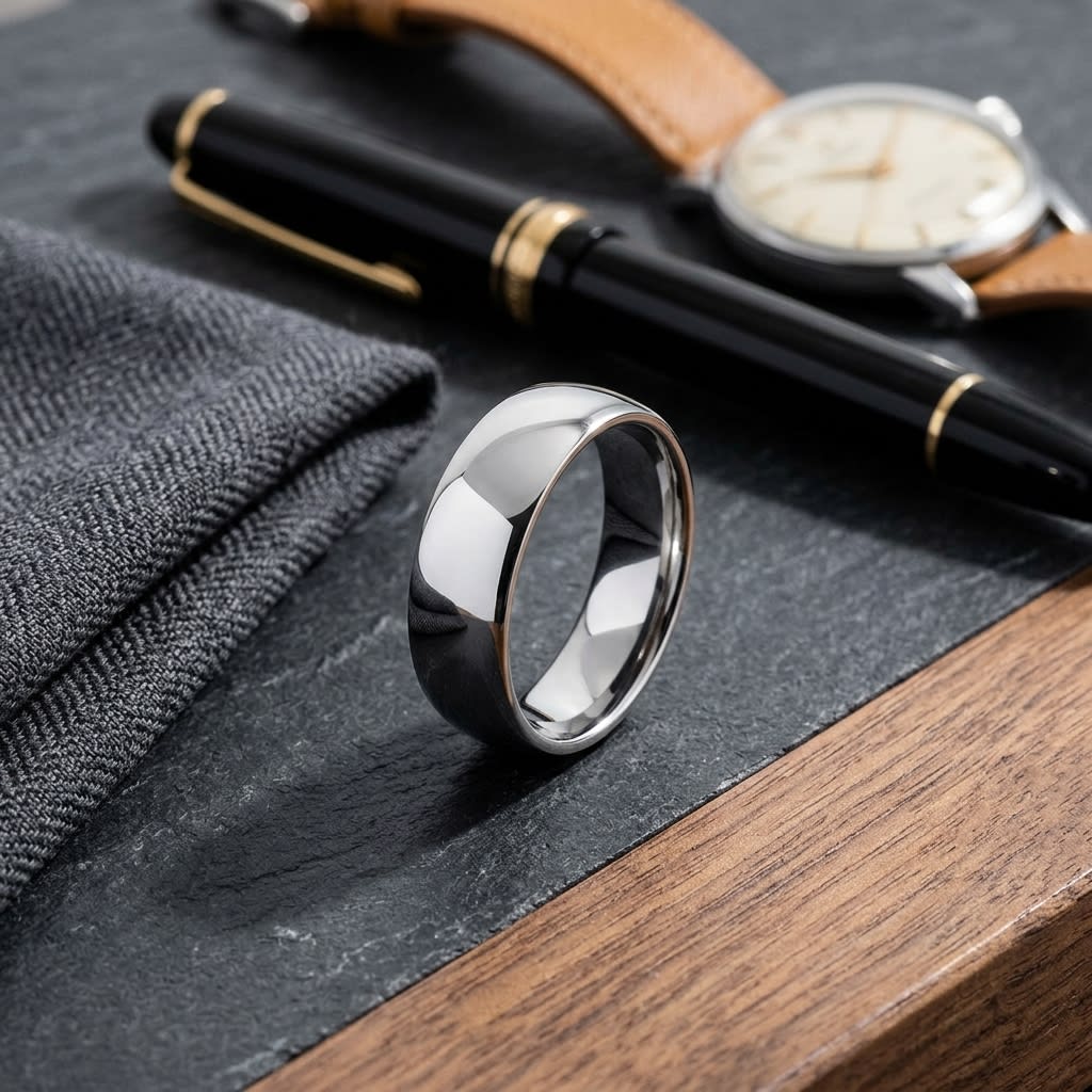 8mm Slightly Domed Comfort-Fit Wedding Band in 18K White Gold, on walnut surface with pocket square