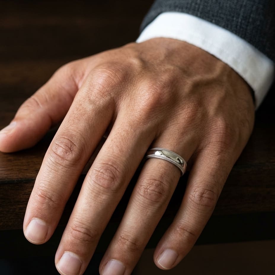 5mm Slightly Domed Double Milgrain Comfort-Fit Wedding Band in 18K White Gold, worn on hand, masculine close-up