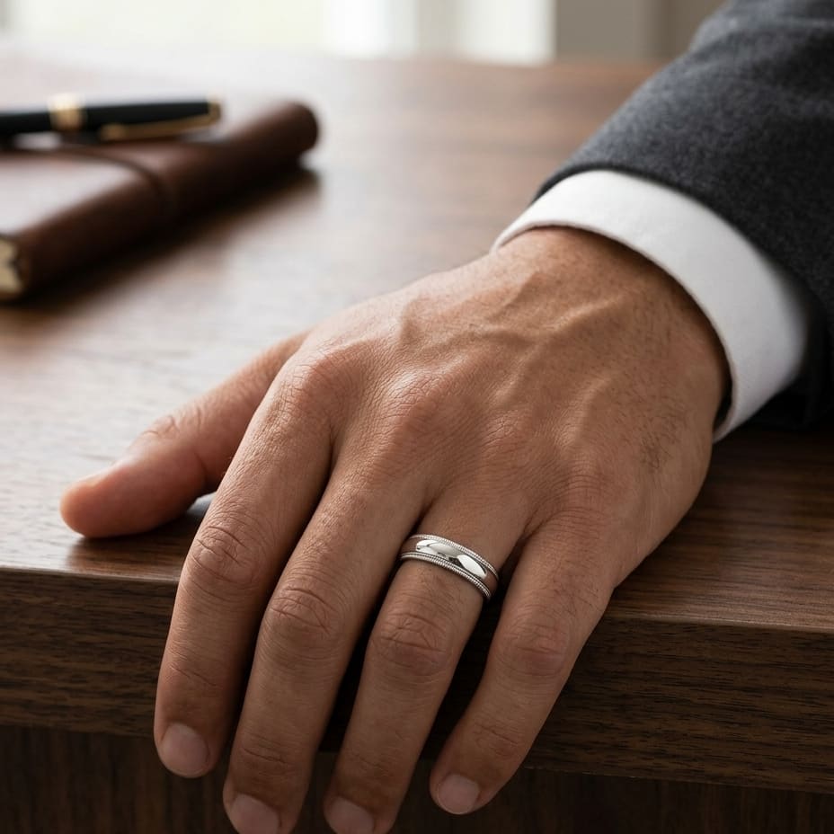 5mm Slightly Domed Double Milgrain Comfort-Fit Wedding Band in 18K White Gold, worn on hand, masculine full view