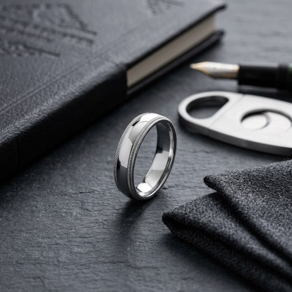 5mm Slightly Domed Double Milgrain Comfort-Fit Wedding Band in 18K White Gold, on walnut surface with pocket square