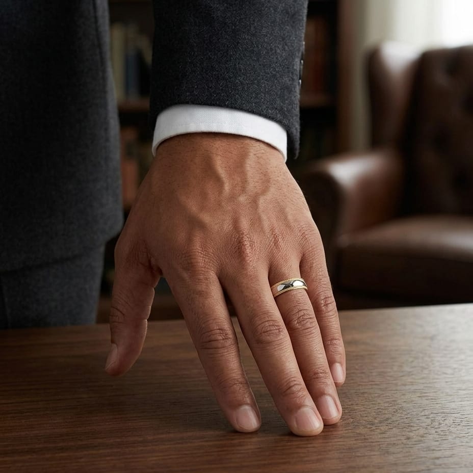 7mm Slightly Domed Double Milgrain Comfort-Fit Wedding Band in 18K White Gold, worn on hand, masculine full view