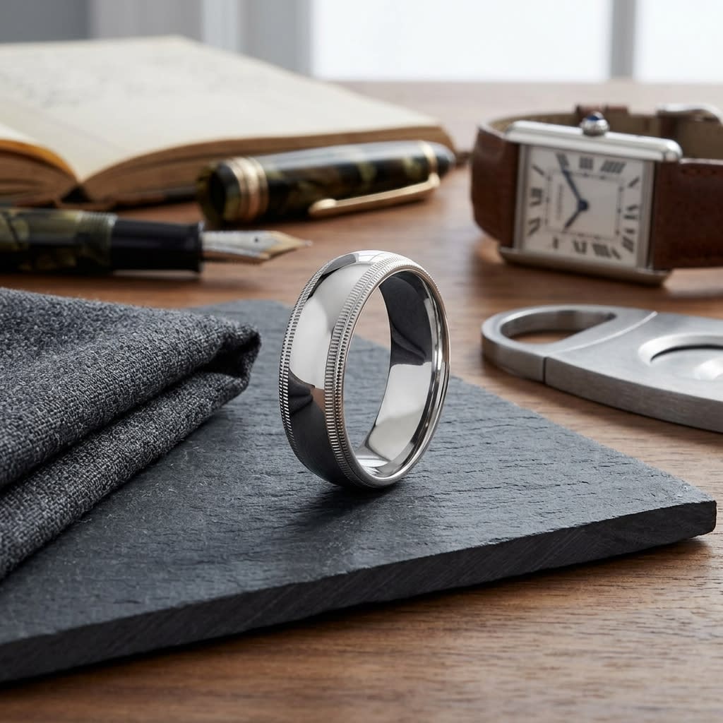 7mm Slightly Domed Double Milgrain Comfort-Fit Wedding Band in 18K White Gold, on walnut surface with pocket square
