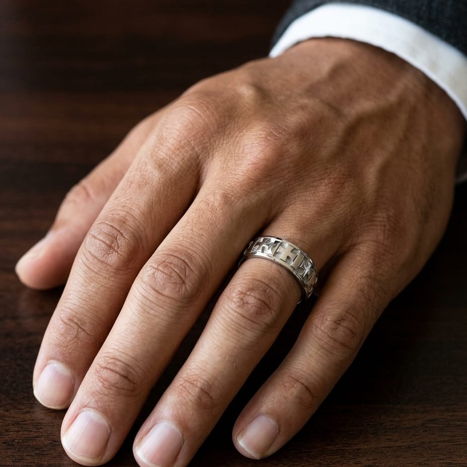 6mm Comfort-Fit Wedding Band in 18K White Gold, worn on hand, masculine close-up