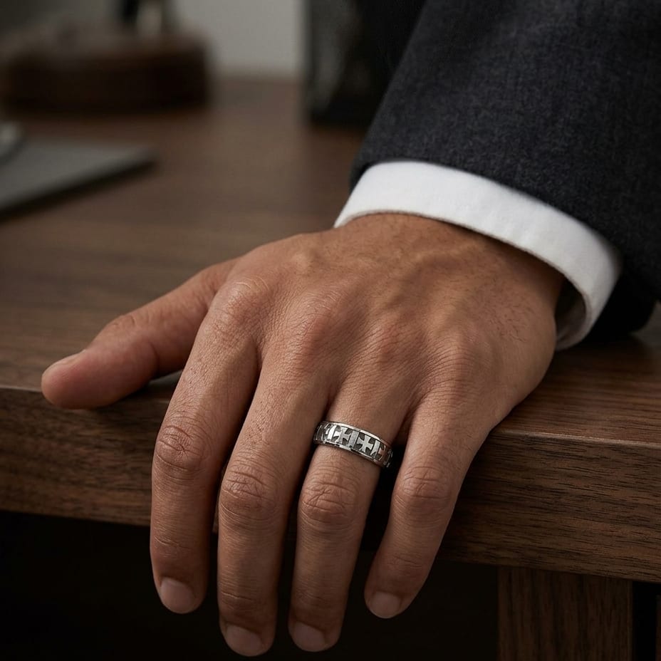 6mm Comfort-Fit Wedding Band in 18K White Gold, worn on hand, masculine full view