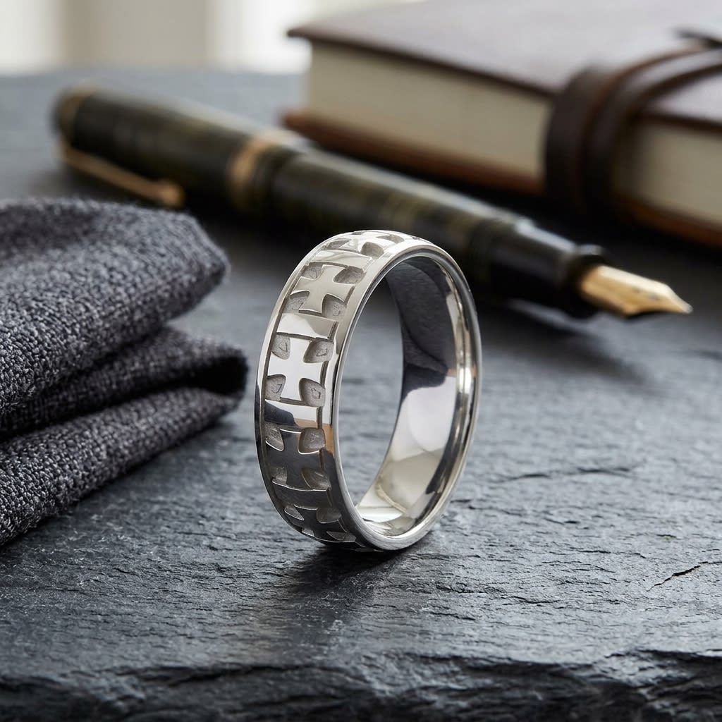 6mm Comfort-Fit Wedding Band in 18K White Gold, on walnut surface with pocket square