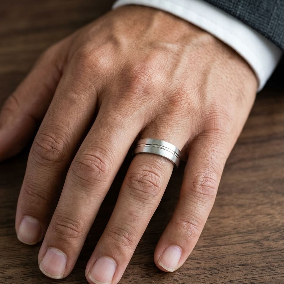 6mm Satin Finish High Polished Center Cut Carved Wedding Band in 18K White Gold, worn on hand, masculine close-up