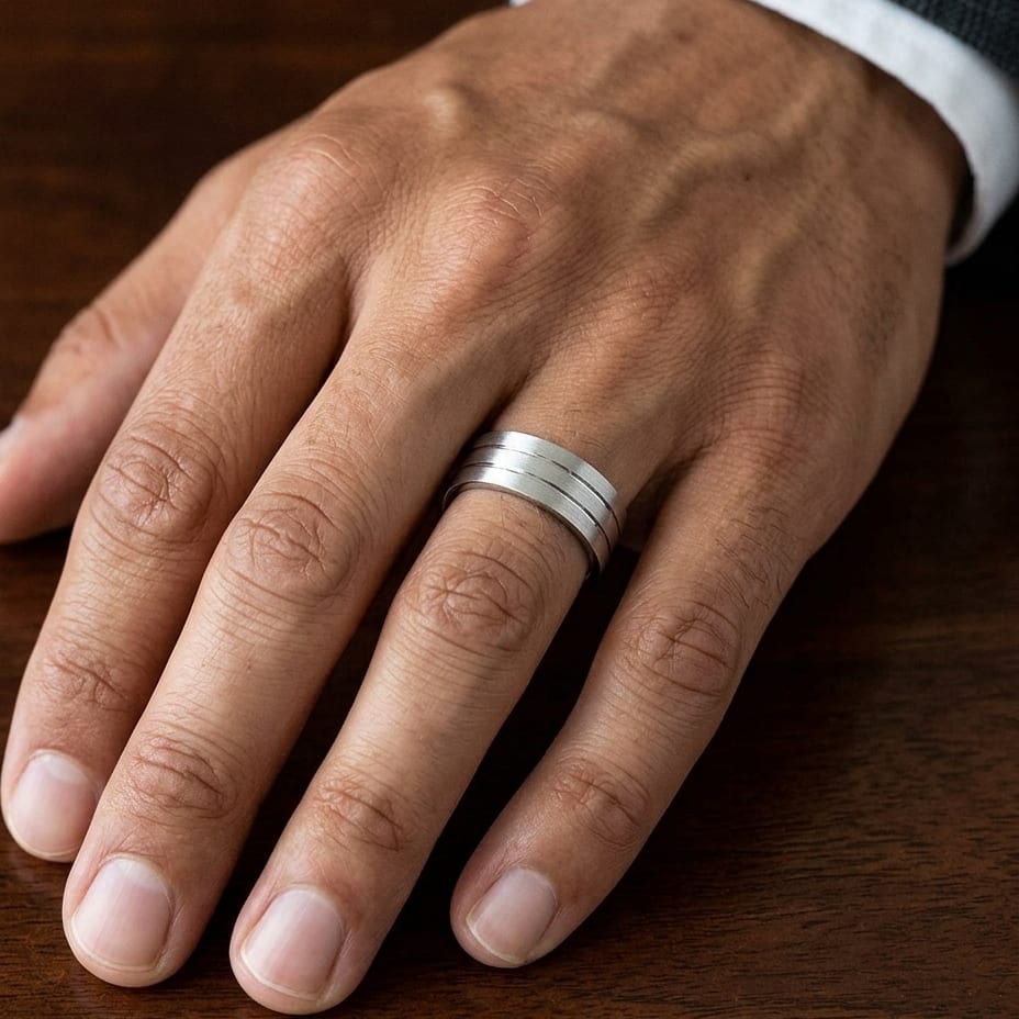 6mm Satin Finish Parallel Center Cut Carved Wedding Band in 18K White Gold, worn on hand, masculine close-up