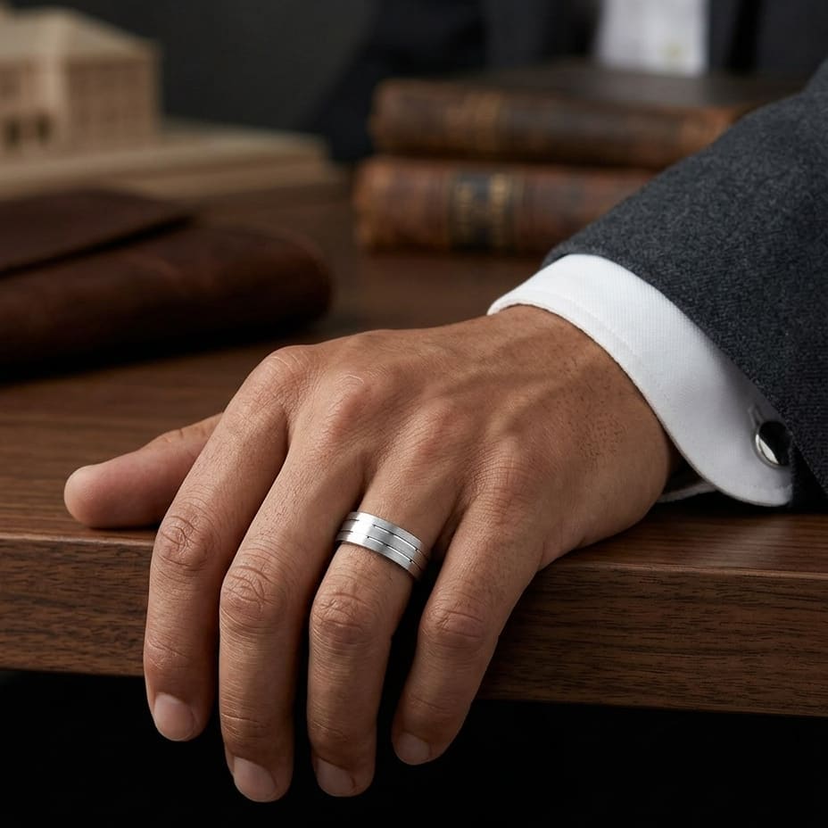 6mm Satin Finish Parallel Center Cut Carved Wedding Band in 18K White Gold, worn on hand, masculine full view