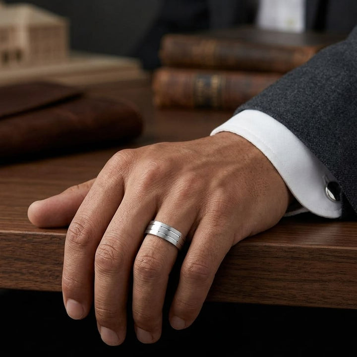 6mm Satin Finish Parallel Center Cut Carved Wedding Band in 18K White Gold, worn on hand, masculine full view
