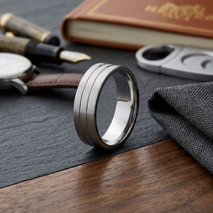 6mm Satin Finish Parallel Center Cut Carved Wedding Band in 18K White Gold, on walnut surface with pocket square