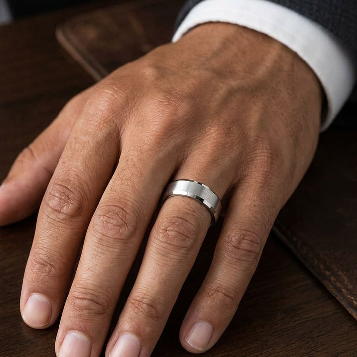 6mm Satin Finish High Polished Beveled Edge Carved Wedding Band in 18K White Gold, worn on hand, masculine close-up