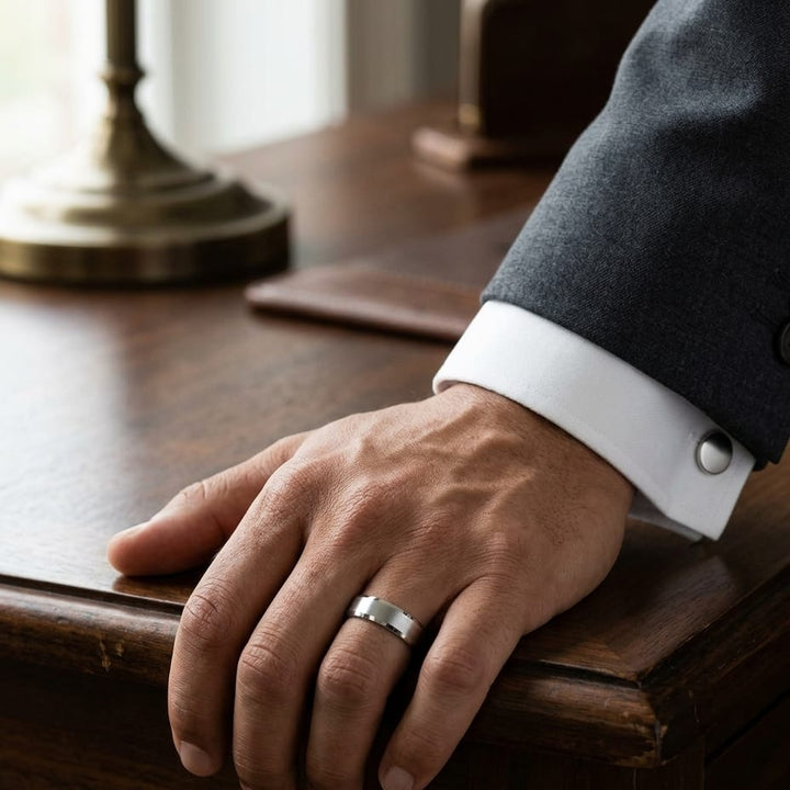 6mm Satin Finish High Polished Beveled Edge Carved Wedding Band in 18K White Gold, worn on hand, masculine full view