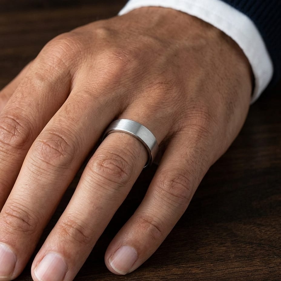 6mm Satin Finish Carved Wedding Band in 18K White Gold, worn on hand, masculine close-up