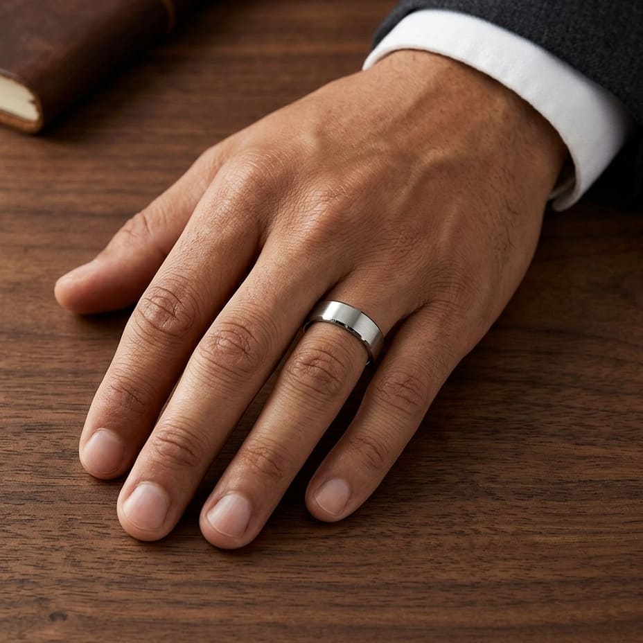 6mm Satin Finish Carved Wedding Band in 18K White Gold, worn on hand, masculine full view