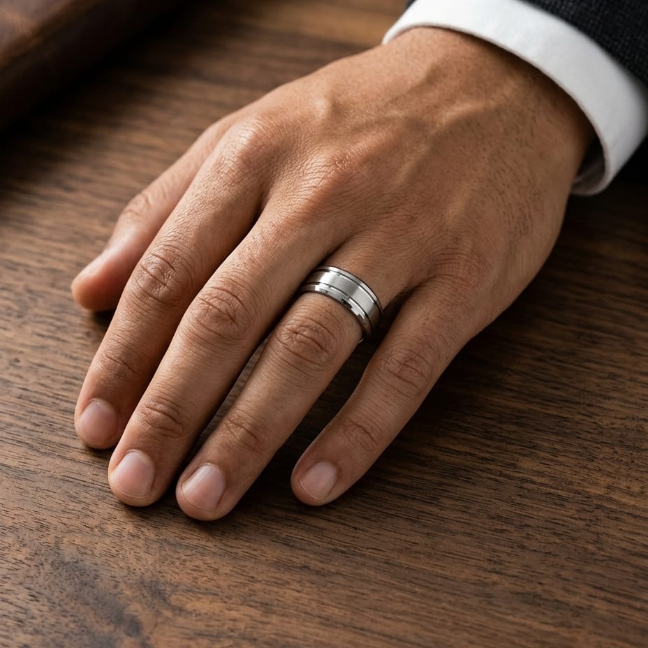 8mm Satin Finish Parallel Groove Carved Wedding Band in 18K White Gold, worn on hand, masculine full view