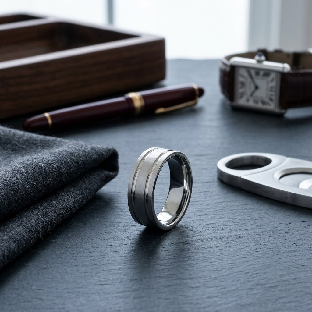 8mm Satin Finish Parallel Groove Carved Wedding Band in 18K White Gold, on walnut surface with pocket square