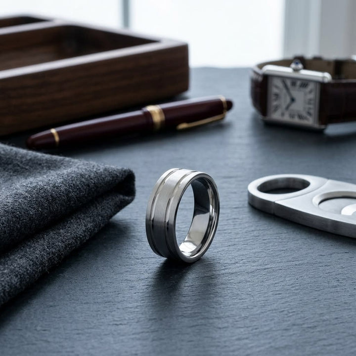 8mm Satin Finish Parallel Groove Carved Wedding Band in 18K White Gold, on walnut surface with pocket square
