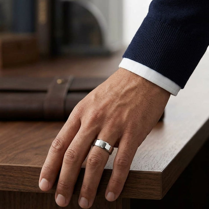 6mm High Polish Carved Wedding Band in 18K White Gold, worn on hand, masculine full view