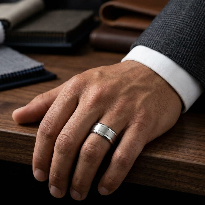 6mm Satin Finish High Polished Beveled Edge Carved Wedding Band in 18K White Gold, worn on hand, masculine full view
