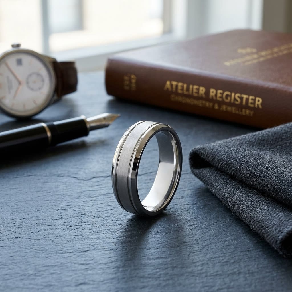 6mm Satin Finish High Polished Beveled Edge Carved Wedding Band in 18K White Gold, on walnut surface with pocket square