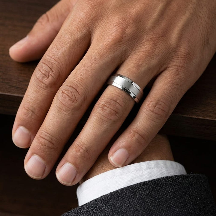 7mm Satin Finish High Polished Beveled Edge Carved Wedding Band in 18K White Gold, worn on hand, masculine close-up