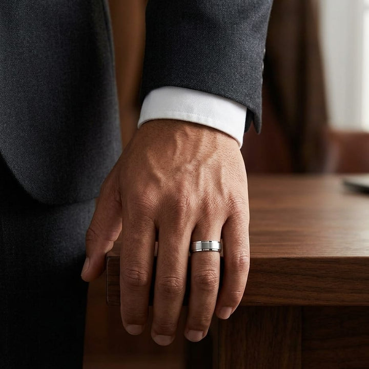 7mm Satin Finish High Polished Beveled Edge Carved Wedding Band in 18K White Gold, worn on hand, masculine full view