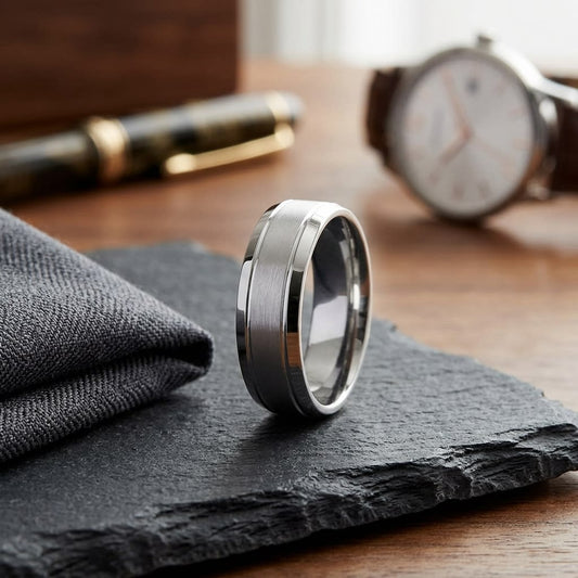 7mm Satin Finish High Polished Beveled Edge Carved Wedding Band in 18K White Gold, on walnut surface with pocket square