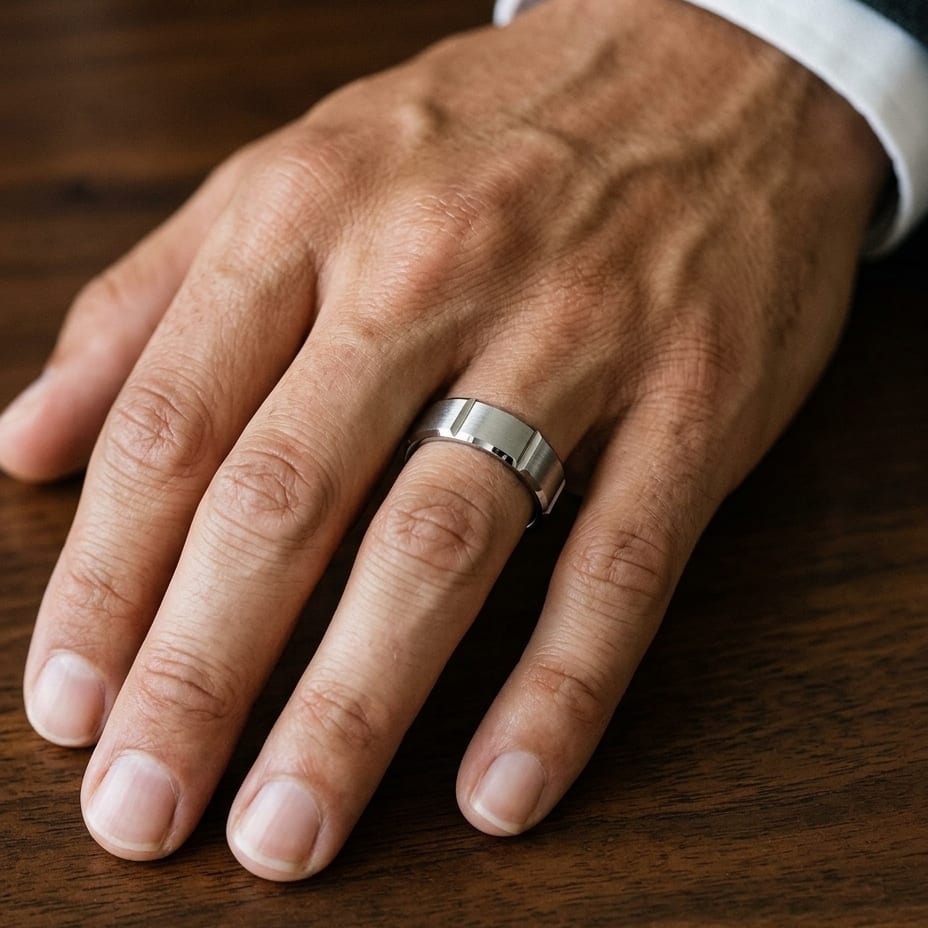 6mm Satin Finish Grooves Carved Wedding Band in 18K White Gold, worn on hand, masculine close-up