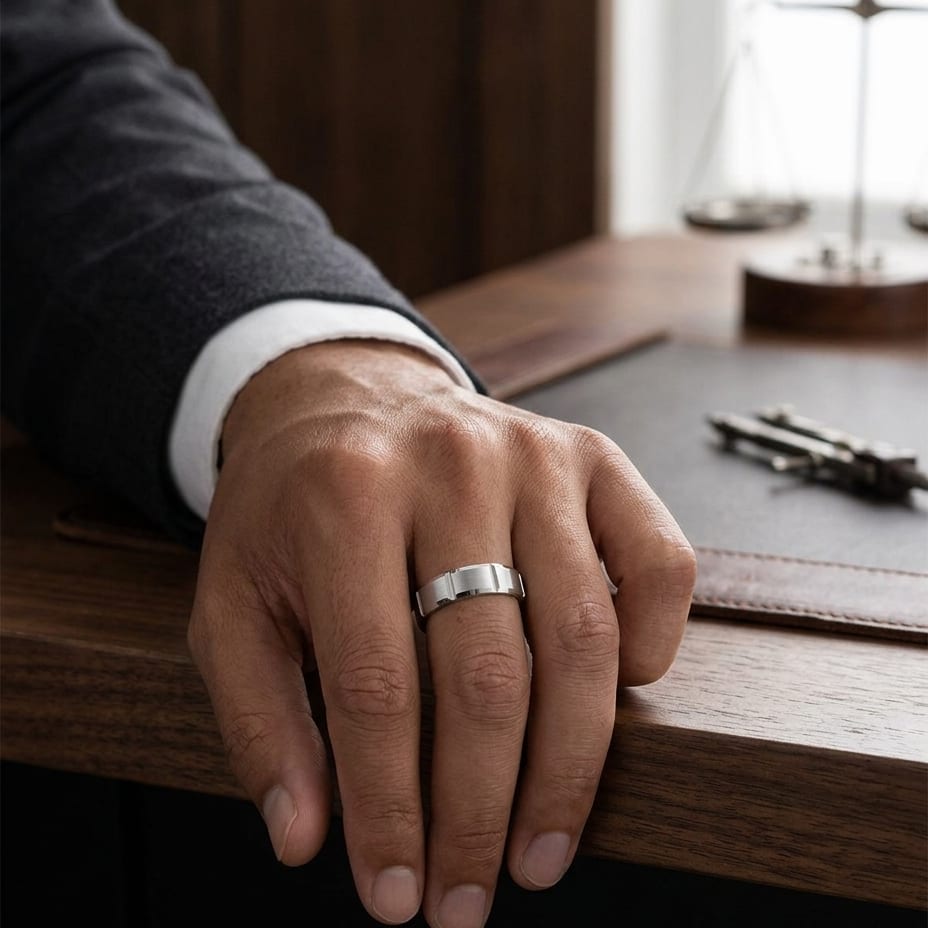6mm Satin Finish Grooves Carved Wedding Band in 18K White Gold, worn on hand, masculine full view
