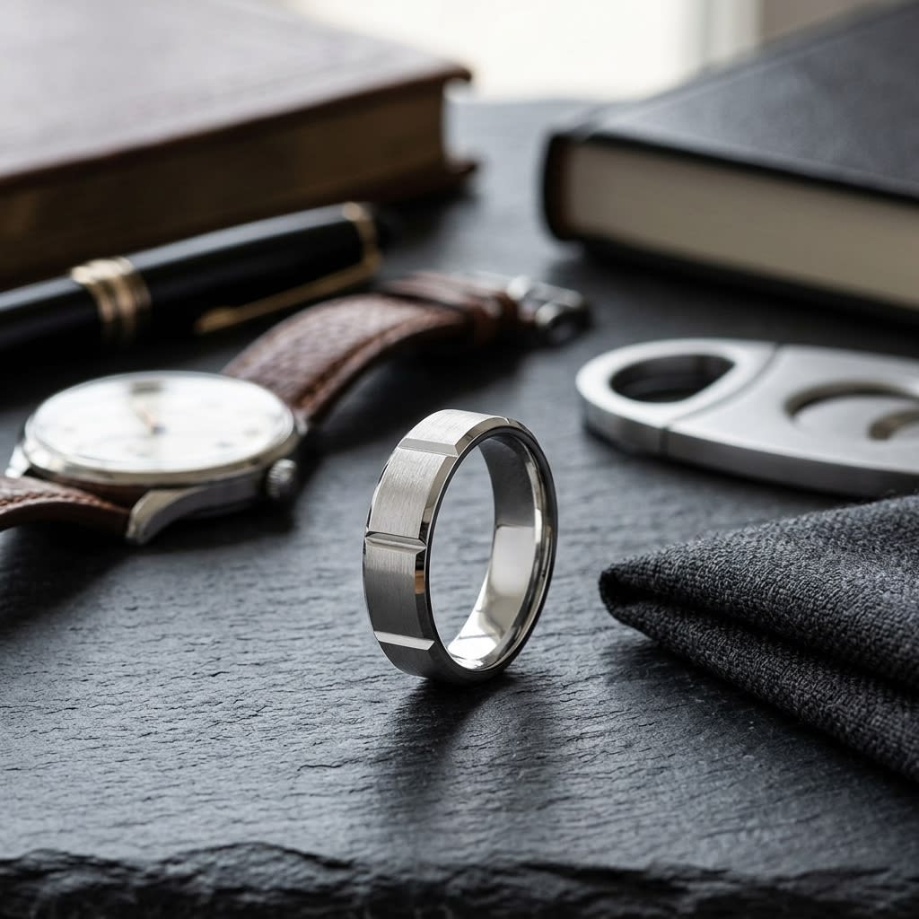 6mm Satin Finish Grooves Carved Wedding Band in 18K White Gold, on walnut surface with pocket square